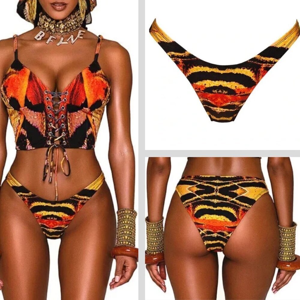 New! BFYNE Amila Black Yellow Orange Animal Print Bikini Bottom 10602